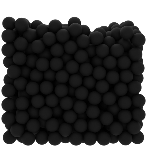 Uma caixa transparente, vista de lado, contendo múltiplas bolas de cores pretas empilhadas.