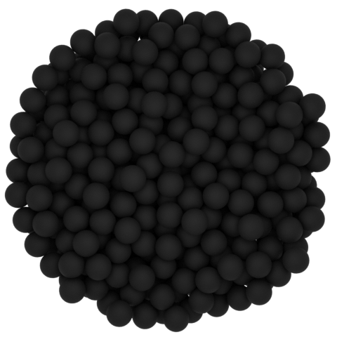 Um bowl transparente, visto de cima, contendo múltiplas bolas de cores pretas empilhadas.